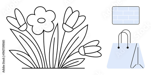 Nature, spring, shopping, eco-friendly, minimalism floral. Line drawing of flowers shopping bag and wall. Nature and spring concept. Line metaphor. Simple line icons