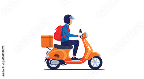 A delivery person in a blue jacket and dark helmet rides an orange scooter with a red backpack and delivery box.