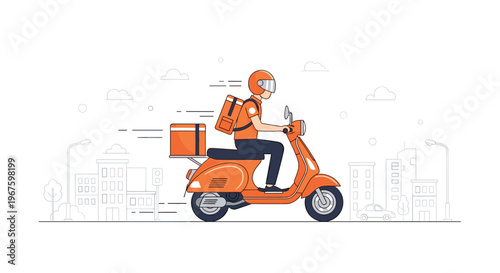 A delivery person in an orange helmet and uniform rides an orange scooter with a delivery box through a minimalist city outline.