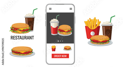 A white smartphone displays a restaurant menu with a burger, fries, and a drink, surrounded by similar food items on a light background.