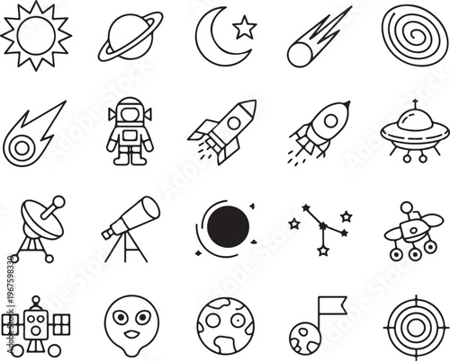 space line icons celestial bodies spacecraft and exploration set