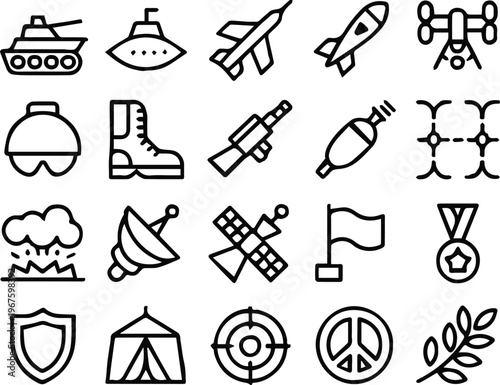 military symbols collection tank jet drone missile peace