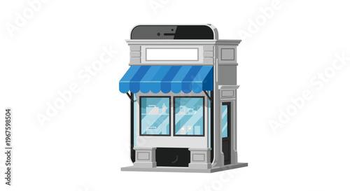 A stylized grey two-story building with a blue and white striped awning resembles a smartphone facade on a pure white background.