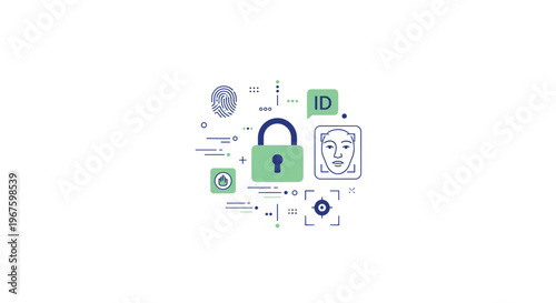 A green padlock icon is centrally positioned amidst various biometric security elements like a fingerprint and face recognition on a white background.