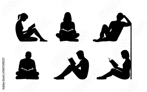 Silhouette of individuals immersed in reading.