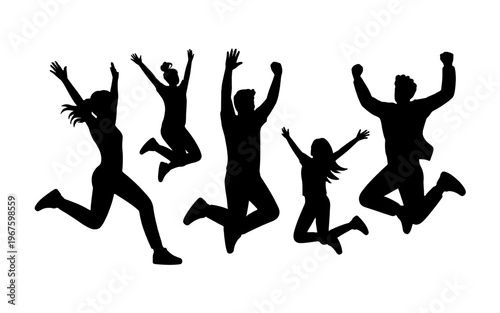 Silhouette of a group of people jumping and celebrating.