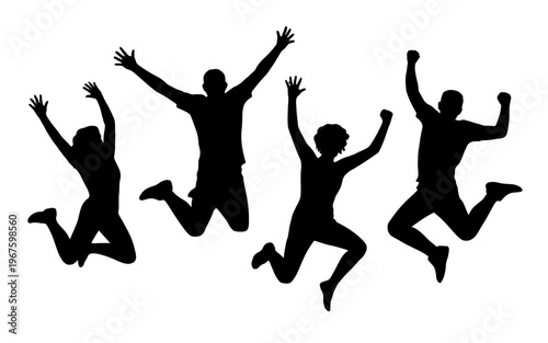 Joyful silhouettes of people jumping high in the air, expressing pure happiness.