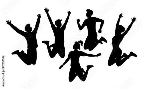 Joyful Silhouettes of people jumping in the air.