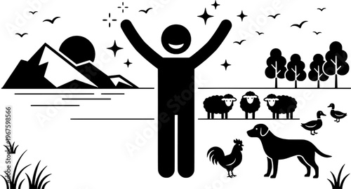 Happy Human in Nature with Farm Animals and Countryside Landscape Illustration
