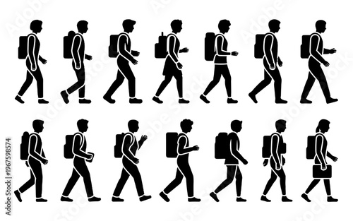 A series of silhouette figures walking with backpack.