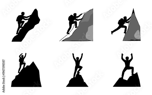 Silhouette of climbers on mountain peaks showing climbing success.