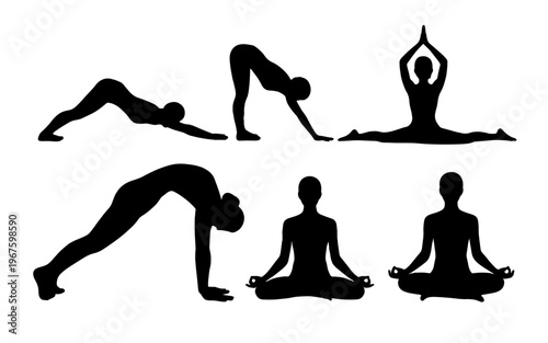 Yoga poses in silhouette, depicting various yoga postures for health and well-being.