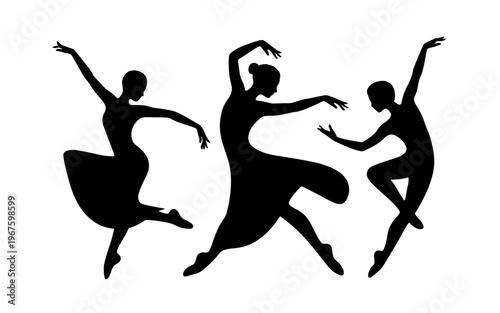 Silhouette dancers in dynamic pose against a solid color background.
