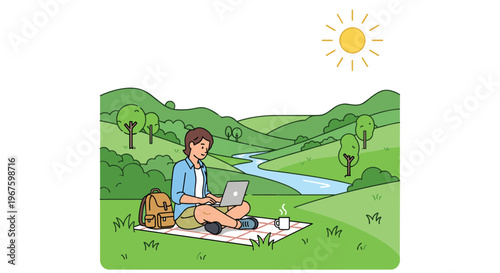 A man sits cross-legged on a picnic blanket working on a laptop with a backpack in a sunny green landscape.