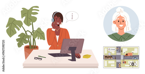 Customer service, remote communication, IT support, teamwork, navigation assistance, online guidance. Woman with headset at desk, map and caller icon displayed. Customer service and online guidance