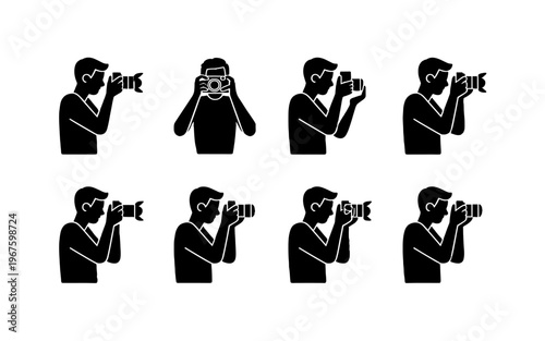 Photographer poses illustrating camera operation.