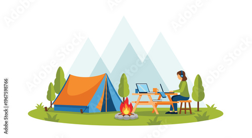 A woman wearing headphones works on a laptop at a picnic table beside a camping tent and campfire in a mountainous outdoor setting.