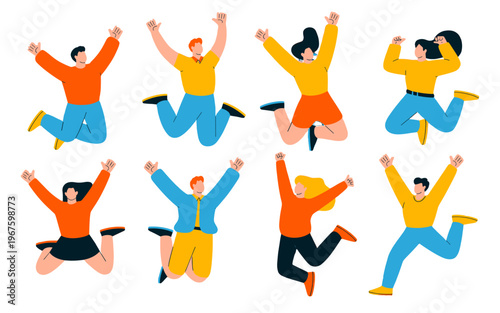Cheerful people jumping high with joy and excitement.