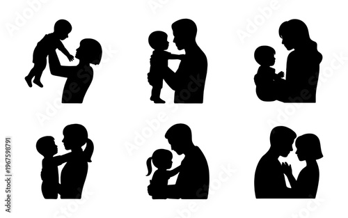 Silhouette of diverse parents with their child.
