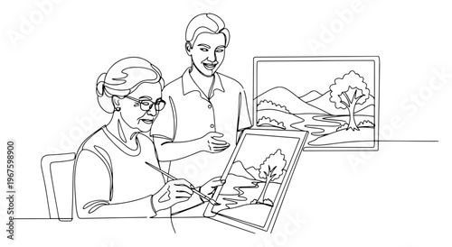 Senior Woman Painting with Teacher or Grandson One Line Art Continuous Minimalist Art Class Sketch