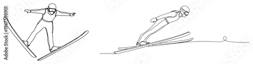 Photos Ski Jumper in Mid-Air Action Continuous One Line Drawing Minimalist Winter Sport