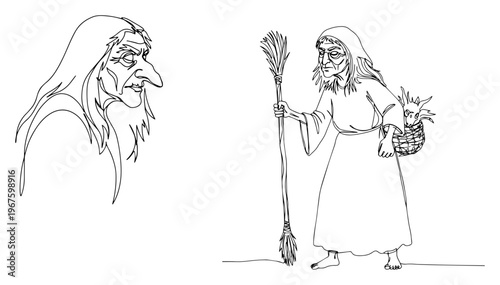 Old Witch Woman with Broomstick Folklore and Fairytale Character One Line Art Minimalist Sketch