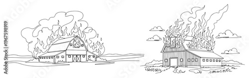 Burning Barn on Fire with Smoke Clouds Line Art Sketch Farm Emergency and Disaster Illustration