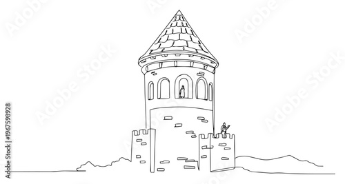 Historical Stone Tower Landmark Continuous One Line Art Minimalist Architecture Sketch