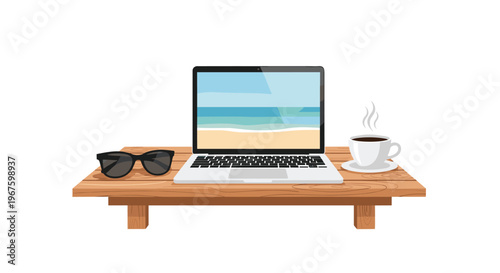 A silver laptop, black sunglasses, and a white coffee cup rest on a light brown wooden table against a white background.