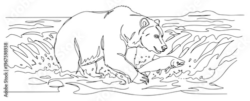 Grizzly Bear Catching Fish in River Continuous One Line Art Minimalist Wildlife and Nature Sketch