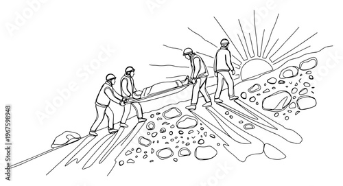 Mountain Rescue Team Carrying Injured Person on Stretcher Continuous One Line Art Minimalist Sketch