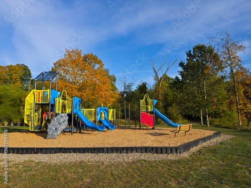 Children's play area in a Twinsburg Ohio city park on a late afternoon in early autumn