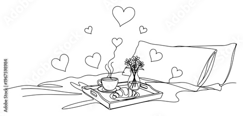 Romantic Breakfast in Bed with Coffee and Croissant Continuous One Line Art Minimalist Morning Sketch