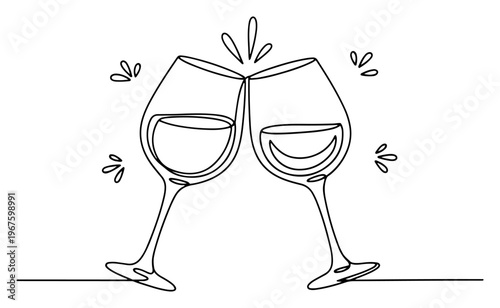 Two Wine Glasses Clinking for Toast Celebration Continuous One Line Art Minimalist Anniversary Sketch
