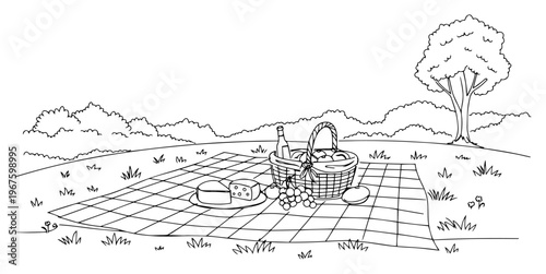 Picnic in the Park with Basket Wine and Food on Checkered Blanket Landscape Line Art Illustration