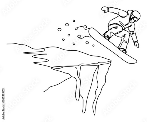 Snowboarder Jumping off Snowy Cliff Continuous One Line Art Minimalist Winter Extreme Sports Sketch