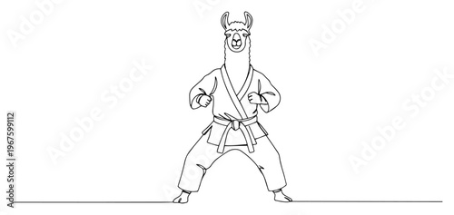 Karate Llama in Gi Martial Arts Master Continuous One Line Art Minimalist Humorous Animal Sketch