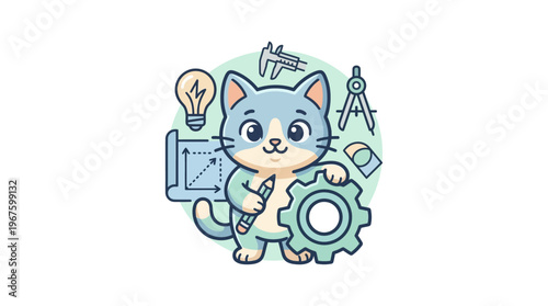 Cute Cartoon Cat Engineer with Tools and Gear