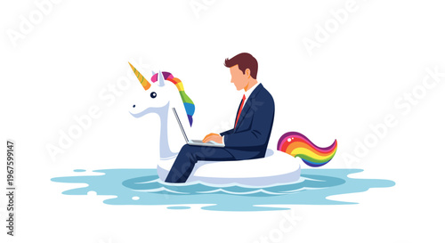 A businessman sits on an inflatable unicorn in blue water while working on a laptop.