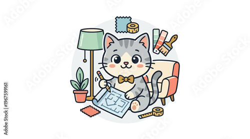 Cute Cartoon Cat Interior Designer Drawing Blueprint