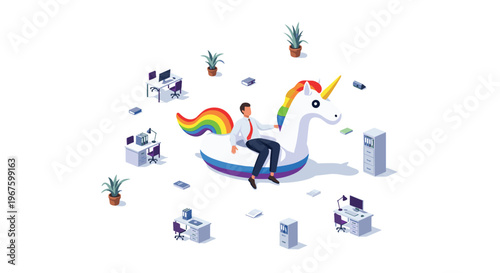 A businessman sits on an inflatable unicorn surrounded by office furniture and plants on a white background.