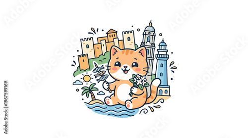 Cute Cat with Landmark Souvenirs