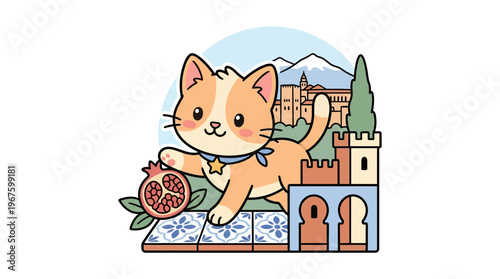 Cute Cat with Pomegranate and Granada Landmark