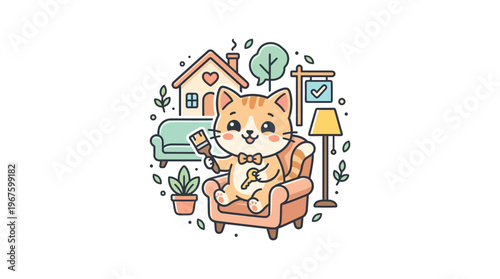 Cute Cartoon Cat with Paintbrush Ready to Renovate Home