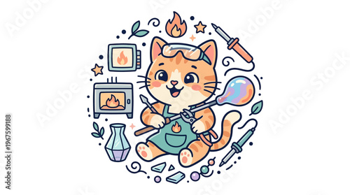 Cute Cartoon Cat Glassblower in Round Composition