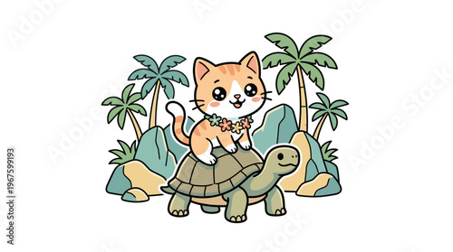 Cute Cat Riding a Turtle in a Tropical Paradise
