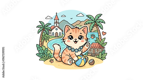 Cute Cartoon Cat at Tropical Beach Paradise