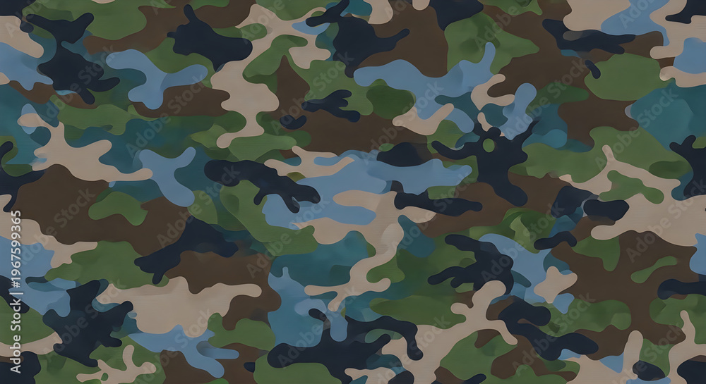 Fototapeta premium Camouflage pattern, military print fabric, green blue brown texture, army style design