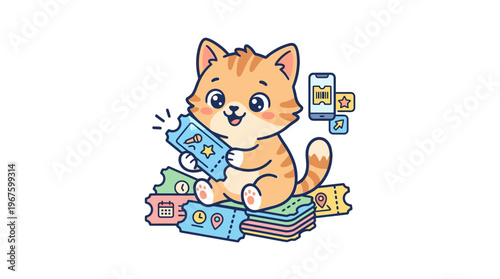 Cute Cartoon Kitten with Tickets and Mobile App