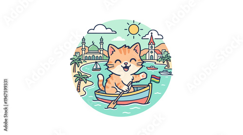 Cute Cat Rowing Boat on Tropical Seascape